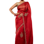 Burgundy Red Organza Saree with All-Over Antique Butta & Border Work | Pure Organza | Jaipurio Solid Saree